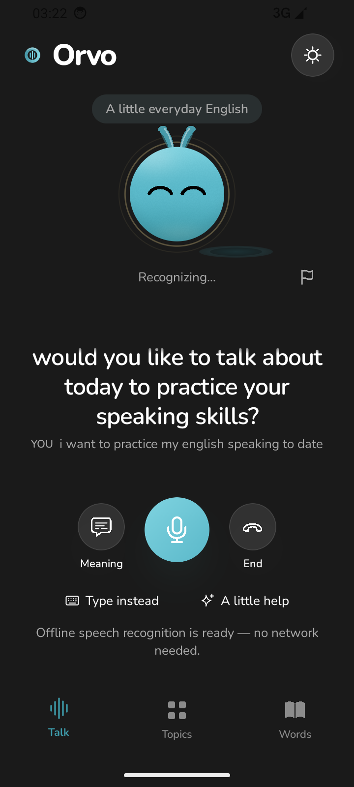 Orvo 语音会话界面：识别用户英语并给出 AI 回复